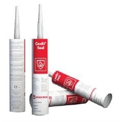 Tre patroner Conlit Seal 800 brandfugemasse fra Rockwool, der viser produktets hvide og røde design med flammesymbol.