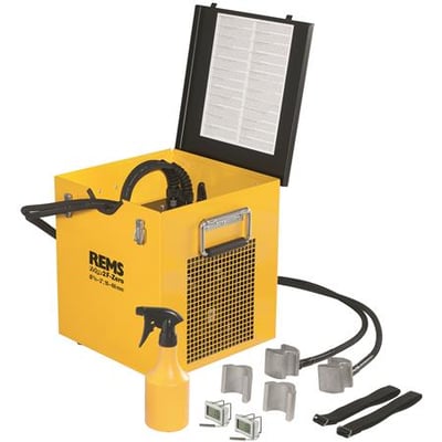 Rems Frigo 2 F-Zero indfrysningsapparat i gul med tilbehør som sprøjteflaske, indfrysningshoveder og digital termometer.