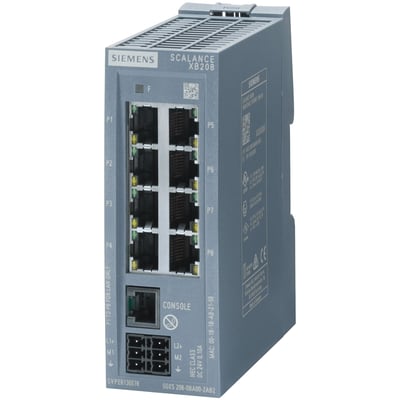 Siemens SCALANCE XB208 managebar industri-switch med otte 10/100 Mbit/s RJ45 porte og en konsolport for nem datanetværkskonfiguration.
