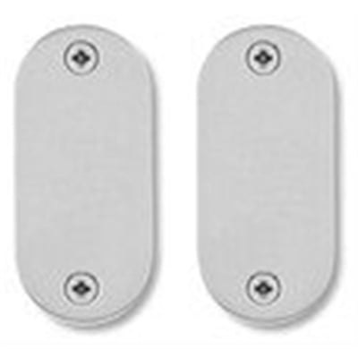 To identiske Randi ovale blindrosetter i børstet stål, 65x30x3 mm, med skruer monteret.