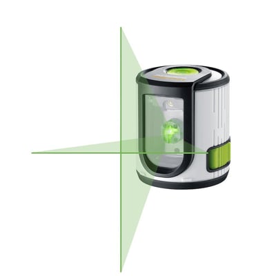 Grøn krydslaser med en klar grøn vandret og lodret linje, der projiceres ud fra enheden på en hvid baggrund.