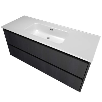 Sanibell Proline møbelsæt i sort eg, 121x46 cm, med hvid porcelænsvask og to integrerede softclose skuffer på hvid baggrund.