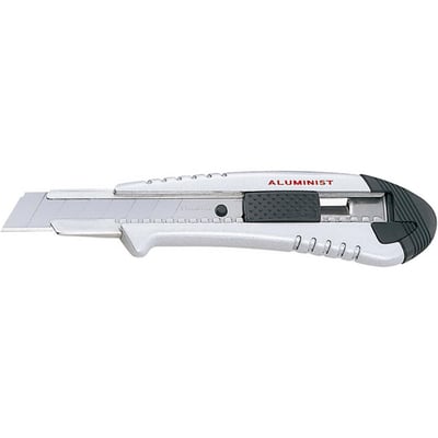 Tajima AC700SB Aluminist kniv i sølvlakeret aluminium med sort gummihåndtag og bladmagasin.