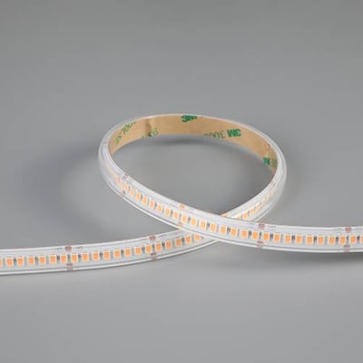 Ansell Lighting P-Cell LED bånd 10m, 24V, IP65, med 168 LED/m, viser tætte LED'er og tape på bagsiden.