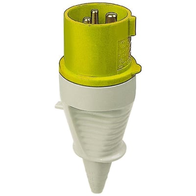 Gul CEE stikprop med 3 poler, 16A og 110V, med IP44-klassificering og H4 jordforbindelse.