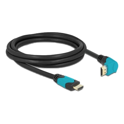 Sort DeLock HDMI-kabel på 2 meter med turkise stik og et 90° nedadvinklet stik.