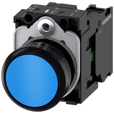 Siemens trykknap 22mm, rund blå plastikknap med flad overflade og en 1 NO skrueklemme.
