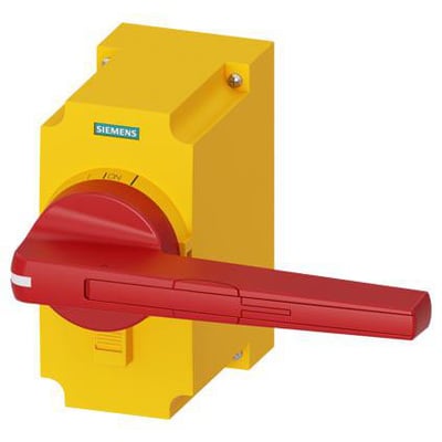 Siemens 3KF størrelse 5 direkte betjeningsmekanisme i rød og gul, med låsbar OFF-position.