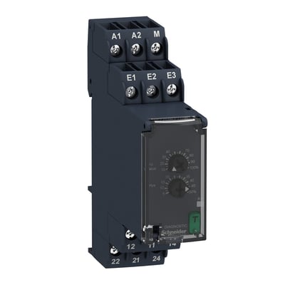 Schneider Electric Zelio RM22 overspændingsrelæ med LED indikator og testknap, der viser indstillingsmuligheder for værdi og hysteresepunkt.
