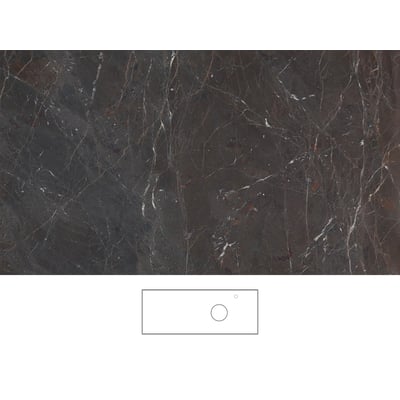 Svedbergs Brecc-bordplade i mørk marmor, 121 x 46 cm, vist med udskæring og armaturhul i højre side.