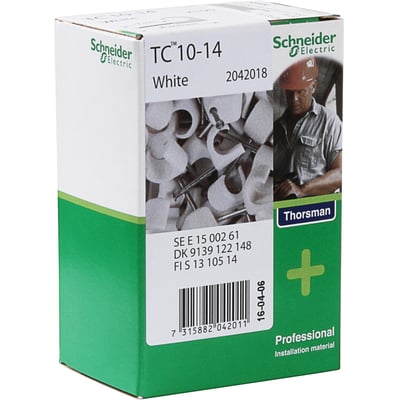 Schneider Electric TC 10-14 hvide ledningsclips til træ og spånplader, vist på originalemballage med 100 stk.