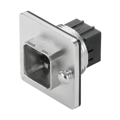 Weidmüllers IP67-hus til industriel ethernet med firkantet metalfront, stikåbning og sort bagdel.