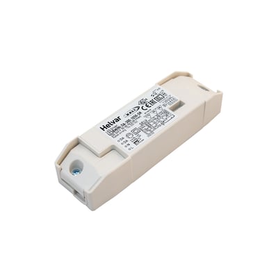 Helvar LED Minidriver LC38MINI med 38W, Dali2, 300-1050mA. Hvidt kabinet med tydelig mærkning af specifikationer og certificeringer.