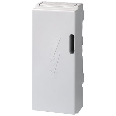 Siemens skinnesystem tilbehør i hvid plast med et præget lyn-symbol og en åbning til tilslutningsklemmer.