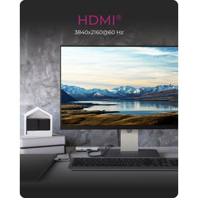 ICY Box 6-i-1-dockingstation med HDMI vises ved en computerskærm med tekst om 4K-opløsning ved 60 Hz.