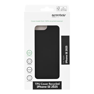 Sort Essentials TPU-cover til iPhone 16e/17e ses forfra i emballagen med coverets bagside synlig.