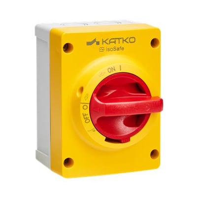 Katko IsoSafe KEM 325 YR sikkerhedsafbryder med gult kabinet og rødt drejegreb, set forfra.