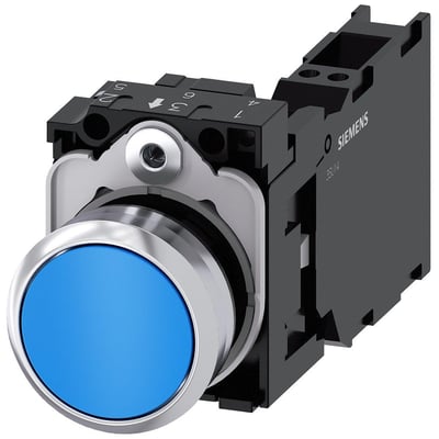 Siemens 22mm rund trykknap med blank blå betjening og metalfront, vist med fjederterminal bagpå.
