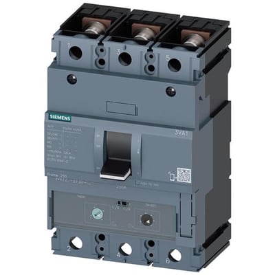 Siemens SENTRON 3VA1 maksimalafbryder med tre poler, gråt hus og sort betjeningsgreb, 250 A og 55 kA ved 415 V.