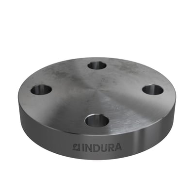 Indura blindflange med logo set fra siden, viser 4 bolthuller, 26,9 mm diameter og 18 mm flangehøjde.