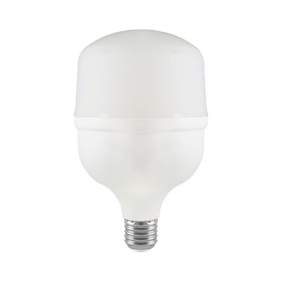 V-TAC 30W LED pære T100 med E27 fatning, hvid og slukket, vist isoleret på hvid baggrund.