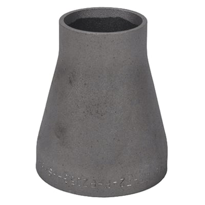 Svejsereduktion, 168,3-114,3mm, sort koncentrisk svejsereduktion i stål med synlig P235GH mærkning på siden.