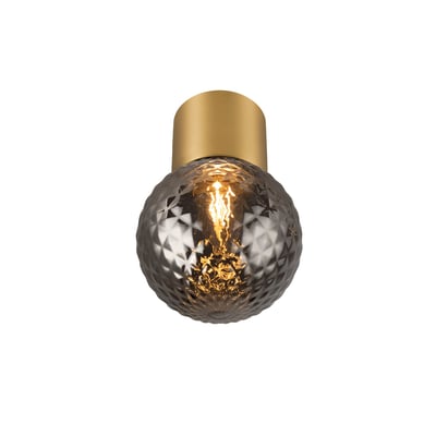 SLV VARYT CL loftlampe med mønstret, grålig glas skærm og synlig glødepære, monteret på messingfarvet metalbase.