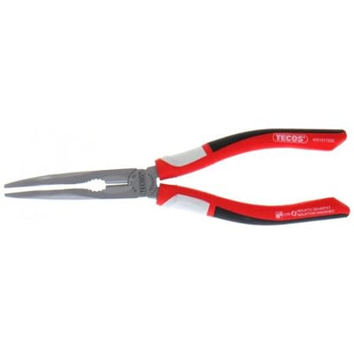 Spidstang bøjet 40° med 200 mm længde og røde, sorte samt hvide greb, vist på hvid baggrund.