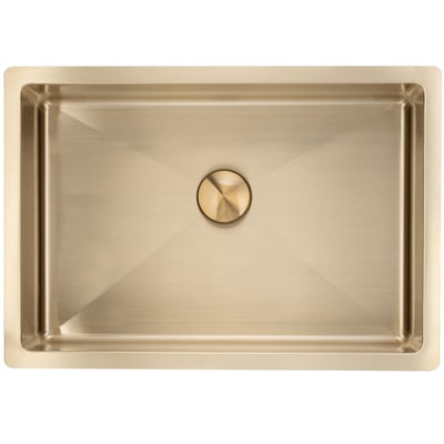 Lavabo Low håndvask i massiv messing med firkantet kumme og rund bundventil, set ovenfra.