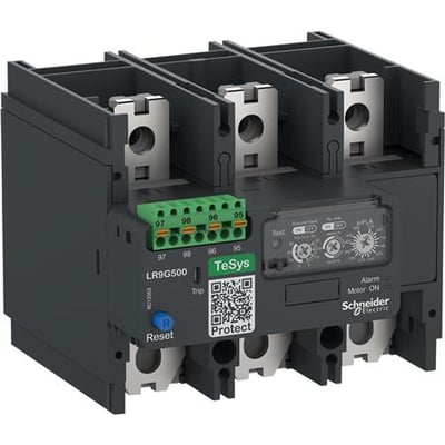 Schneider Electric TeSys Giga LR9G 500A elektronisk termorelæ med fjederklemmer og kontrolknapper på mørkegrå plastik. Visuelt tre hovedterminaler og et grønt klemrække.