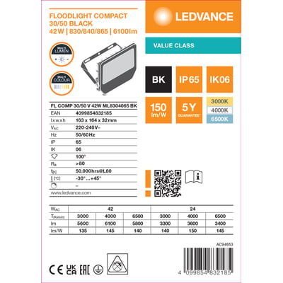 Grafisk produktark for Ledvance Floodlight Compact, sort projektør på 42 W med specifikationer og lysindstillinger.
