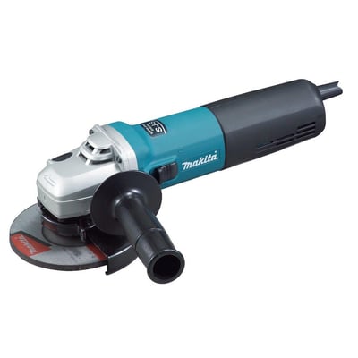 Makita 1400W vinkelsliber 9565CVR med justerbart håndtag og 125mm skive, vist i et anderledes lys.