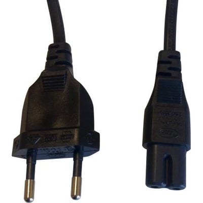 Sort Chemo Electric apparatledning på 1,8 meter med Europlug-stikprop og C7-hunapparatstik, vist med begge stikender.