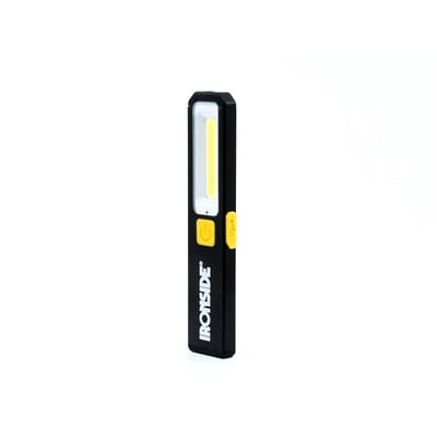 Genopladelig Ironside Mini-håndlampe med sort, slankt hus, gule betjeningsknapper og lang arbejdslysflade.