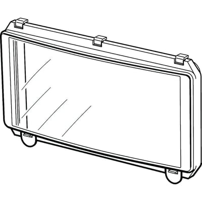 Tegning af Fibox EK-hængsellåg i røgfarvet transparent polycarbonat, set skråt forfra med hængsler og låsebeslag.