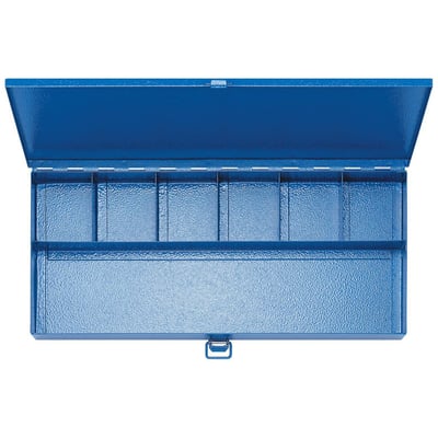 Klauke stålkasse SK4L åben, viser 6 små rum og 1 stort rum, hammerslaglakeret blå og klar til værktøj.