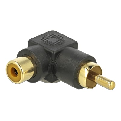 DeLock vinklet RCA adapter med guldbelagt han- og hunstik til lydkabler, sort plastikhus.