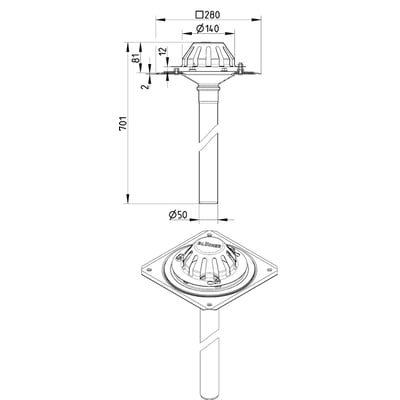 Tegning af Blücher tagafløb til selvfald med dimensioner for flange, rør og højde.
