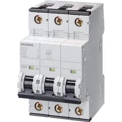 Siemens SENTRON 5SY7310-6 automatsikring, 3-polet og 10 A, set skråt forfra med tre betjeningsgreb.