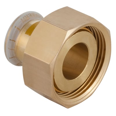 Geberit Mapress CUG omløber i messing, 28 mm x 1.3/8", med synlig Geberit logo og muffesamling på hvid baggrund.