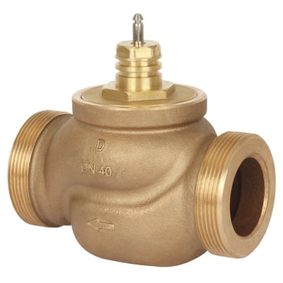 Danfoss VRB 2-15 sædeventil, tættere på fronten, viser den detaljerede kobberfinish og 1" gevind i rødgods.