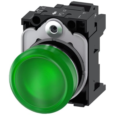 Siemens 22mm rund signallampe i metal med højglans finish og grøn, glat linse.