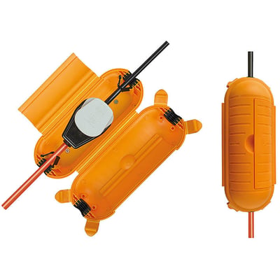 Brennenstuhl Safe-Box elkappe stor, gul, IP44 vist åben og lukket, med tydelig adgang til kabler og samlinger.