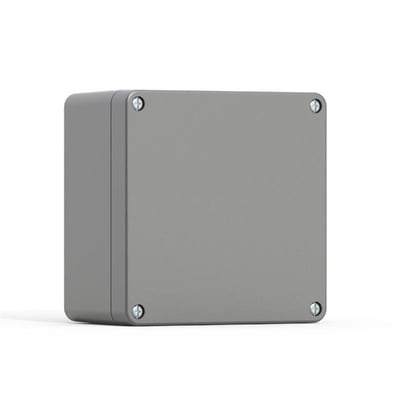 Helstøbt grå aluminiumsklemkasse HALP med IP66/67-beskyttelse, vist fra siden på hvid baggrund.