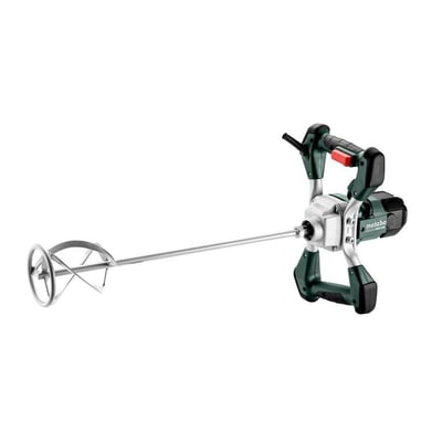 Metabo RWE 1200 røremaskine på 1200 W med langt piskeris, grønne håndtag og sølvfarvet gearhus.