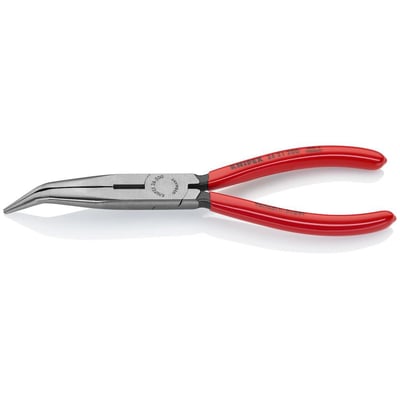 Knipex 200 mm fladrundtang med skær, viser de spidse kæber og røde plastisol-greb, set fra siden på hvid baggrund.
