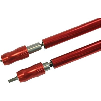 Tecos bitsholder 1/4" x 350mm i rød aluminium med synlig magnet og rullerør til ekstra støtte under skruning.