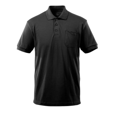 Mascot Orgon sort poloshirt i størrelse S med brystlomme, stolpelukning og ribkrave, lavet af bomuld og polyester.