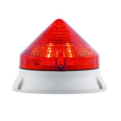 Sirena advarselslampe 12/24V AC/DC i rød med hvid base, designet til industriel brug og montering på maskiner.