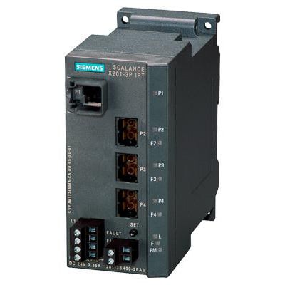 Siemens Scalance X201-3P IRT managed IE IRT switch med 1 RJ45 port og 3 SC RJ porte.